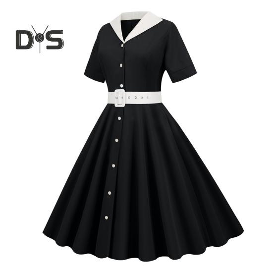 Damekjole V-hals Revers Enkeltspent med Belte A-linje Stort Sving Skreddersydd Høy midje Ensfarget Retro Kortermet Prinsessestil Dame Midikjole