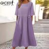 QICED Women's Loose Fit Midi Dress Double Pockets Button Decoration Round Neck Short Sleeve Summer Boho Workwear Dress