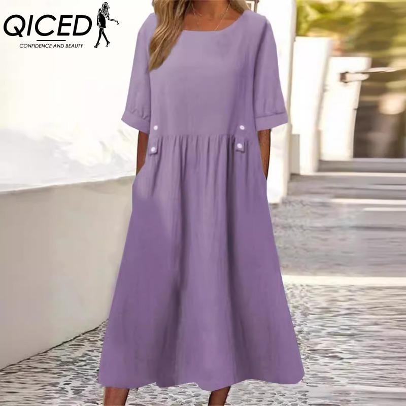 QICED Women's Loose Fit Midi Dress Double Pockets Button Decoration Round Neck Short Sleeve Summer Boho Workwear Dress