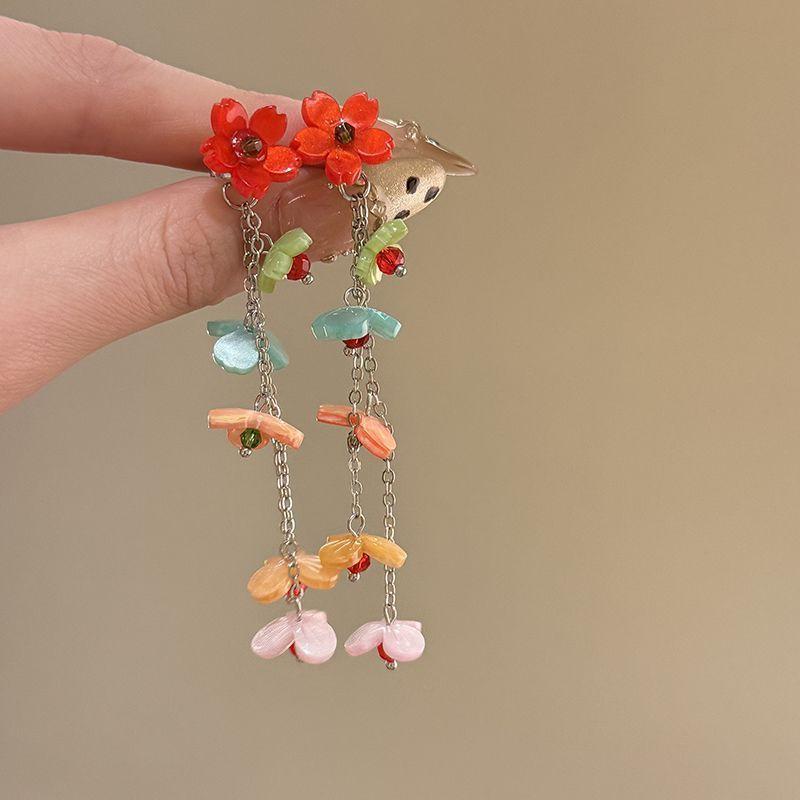 Vintage kontrastierende Blumen Perlen Quasten Ohrringe Sommer süßes Mädchen Herz Ohrringe Reise Foto Urlaubsstil Ohrringe