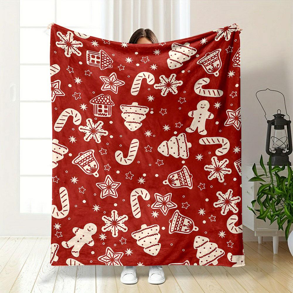 Christmas Gingerbread and Bells Pattern Patterned blanket, flannel, suitable for all seasons, home decor, warm and cozy