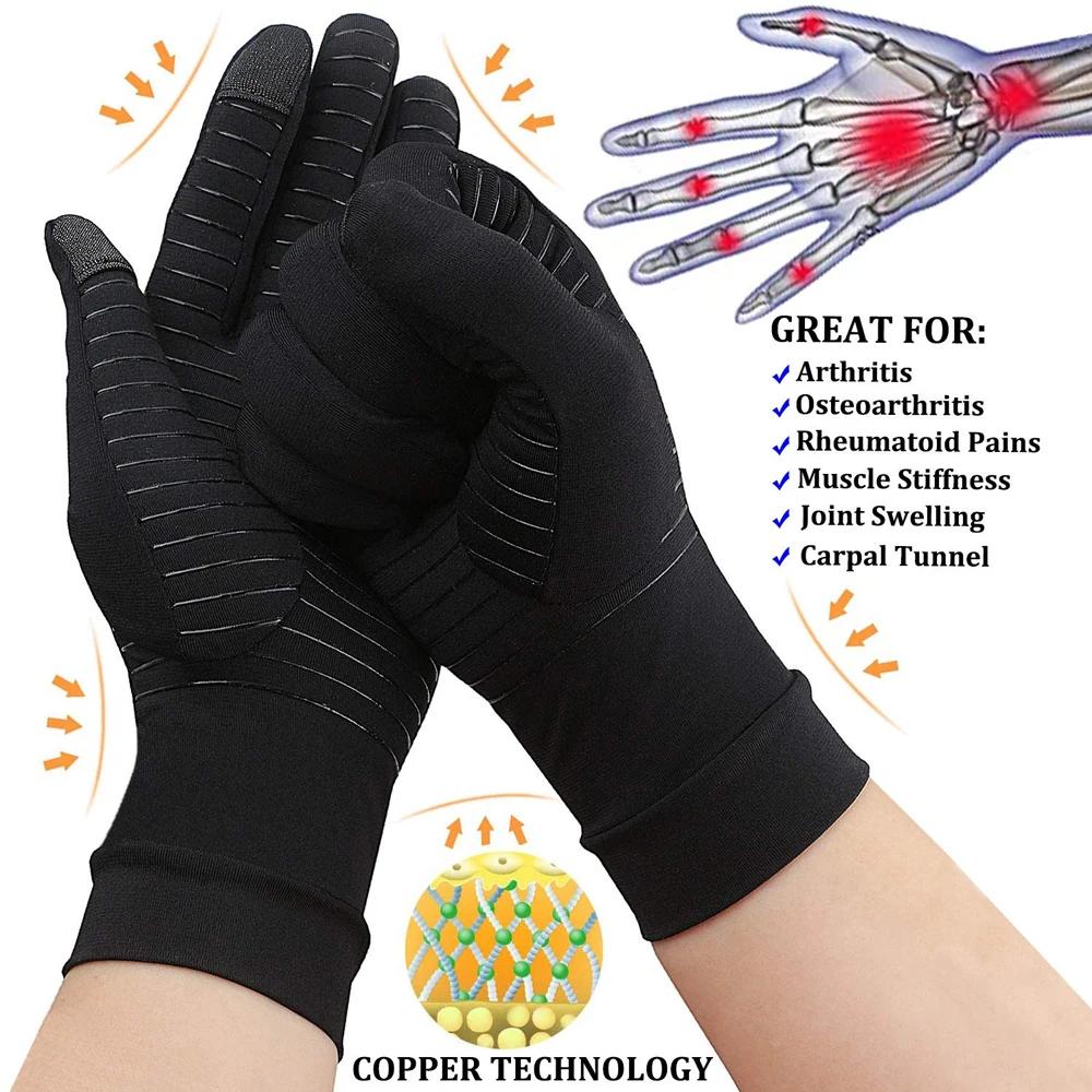 1 Pair Copper Arthritis Compression Gloves For Women Men, Hand Pain Swelling And Carpal Relieve Full Finger Gloves For Tablets