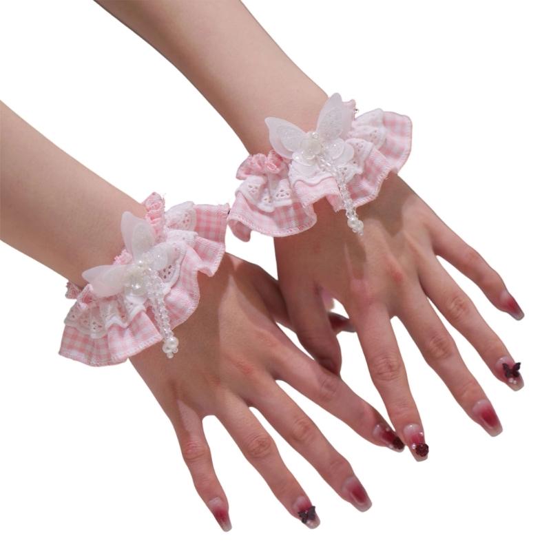 Anime Ruffle Lace Arm Sleeves Wrist Cuffs With Bowknot Decors for Women Teens Japanese School Uniform Wrist Decoration розовый