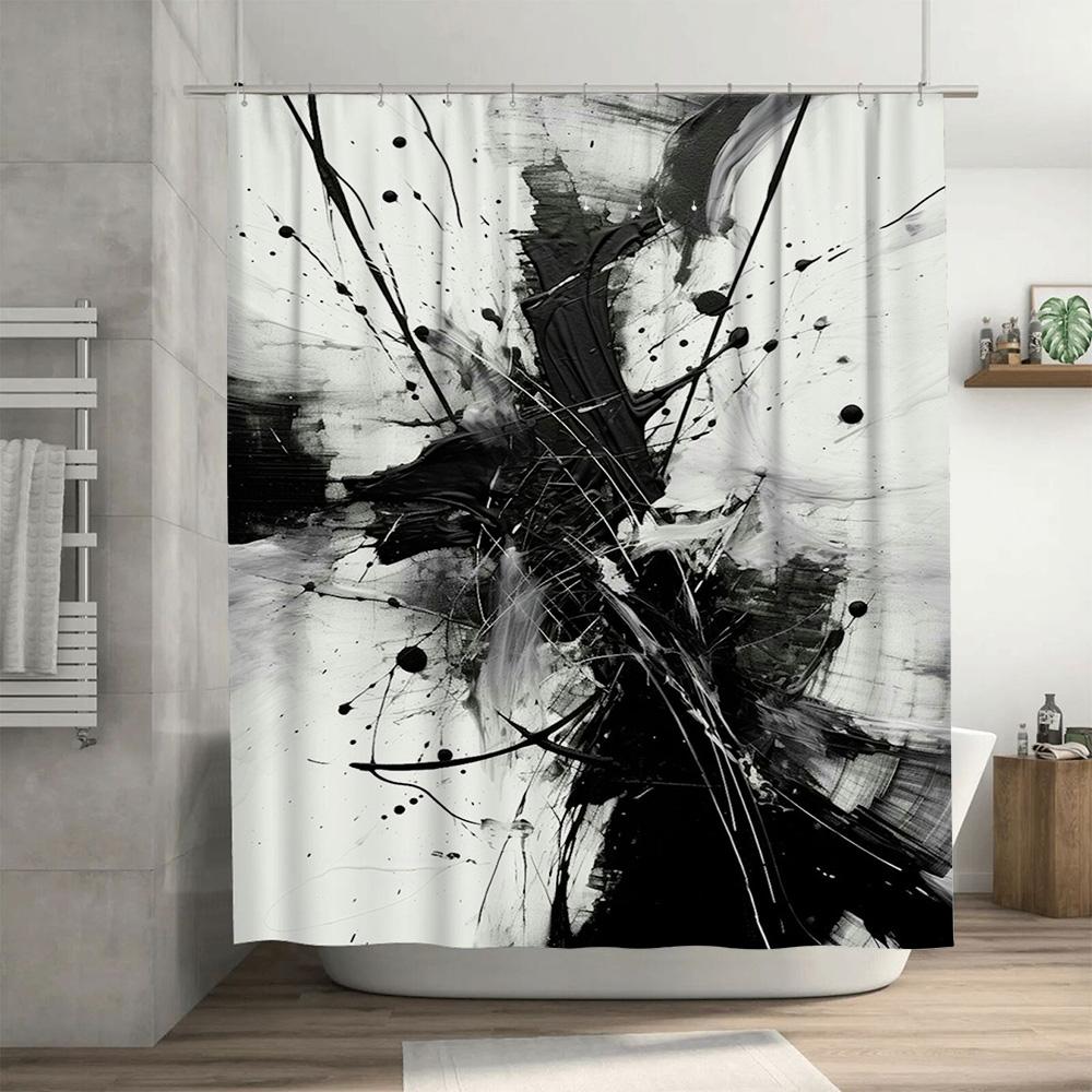 Set Tenda Doccia Bagno Astratta Moderna Bianco e Nero Senza Cornice Tasca per Asta in Plastica Impermeabile Stampa Decorativa Casa Bagno