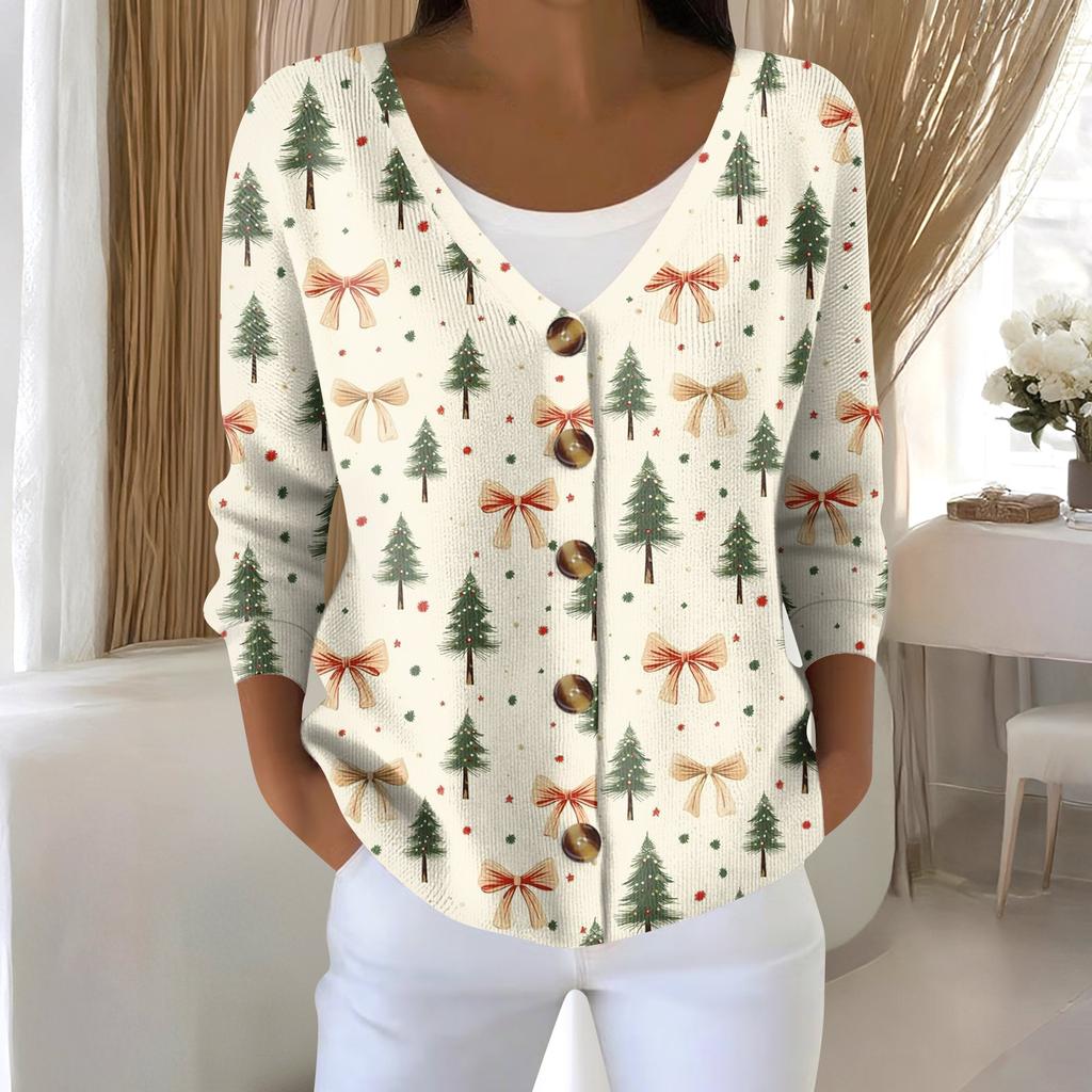 Cardigan con stampa a maniche lunghe con pupazzo di neve e fiocco di neve di Natale da donna