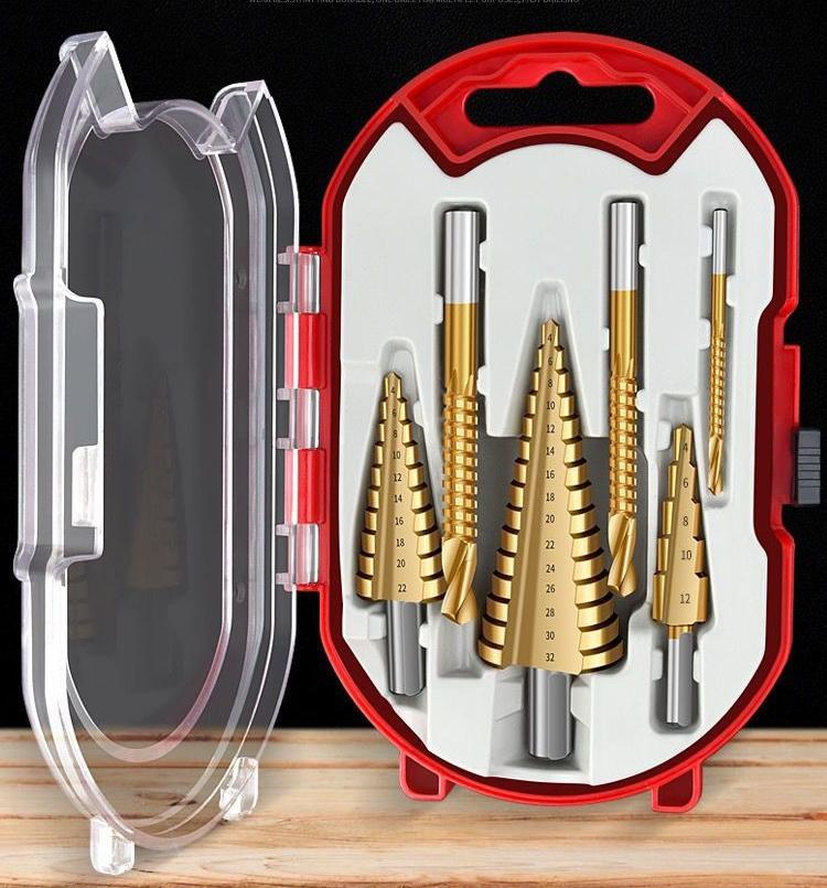 6Pcs HSS Step Drill Bit Set Multi Sizes Pagoda Drill for Wood Hole Drilling Slotting with Aluminum Storage Box