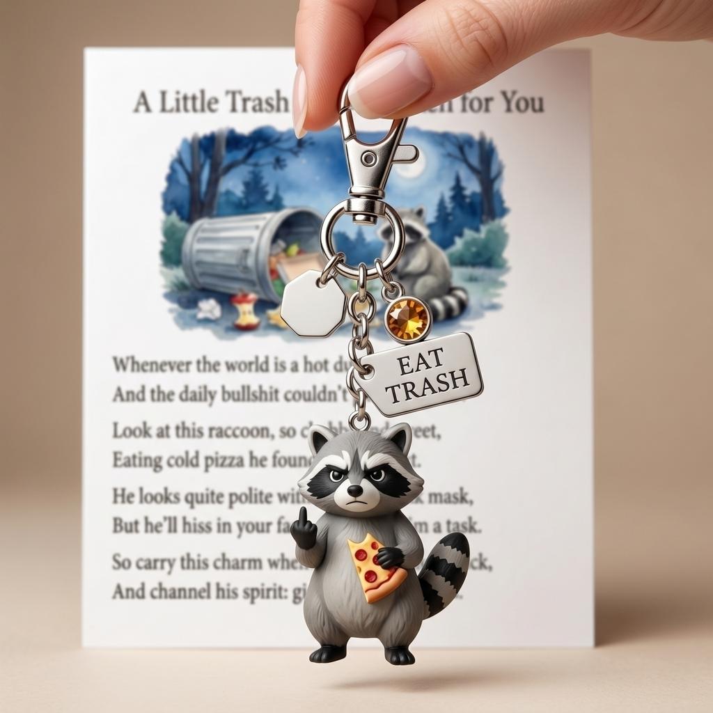Novelty Trash Panda Keychain with Poem Set Unique Survival Gift for Adult Fans of Raccoon Figurines and Collectibles
