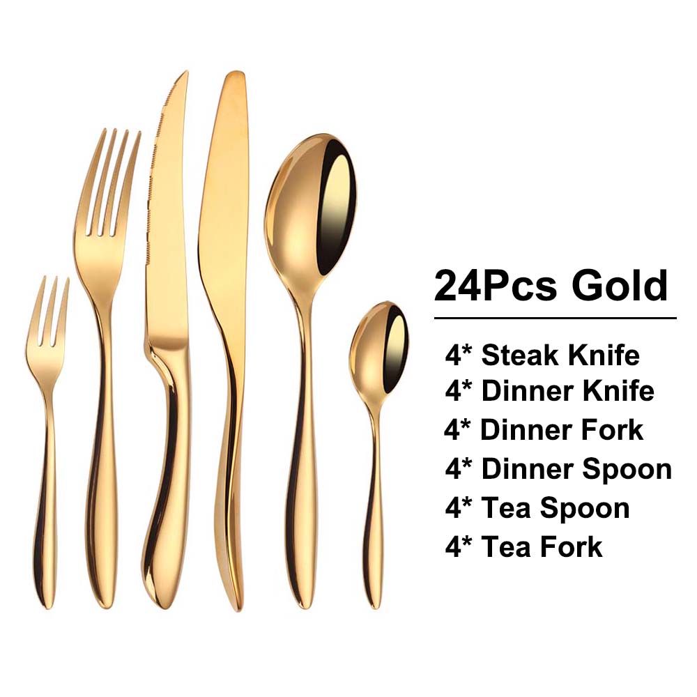 6/16/20/24 Stück Gold Geschirr Edelstahl 304 Besteckset Westliches Dinner-Set Spiegel Messer Gabel Löffel Glatter Griff Besteck