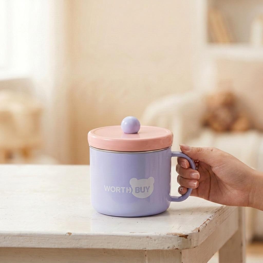 Kawaii 330ml 316 Stainless Steel Coffee Mug with Lid Anti-scald Cute Tea Cups for Kids Women Portable Drinkware Dishwasher Safe