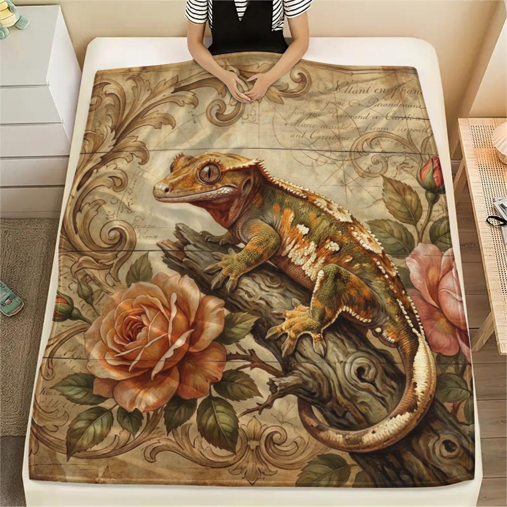 1 pièce Couverture en Flanelle Imprimé Floral Rétro Animal, Haute qualité Toutes Saisons, Décoration de Maison, Chaleur et Confort, Parfait pour les Cadeaux de Noël