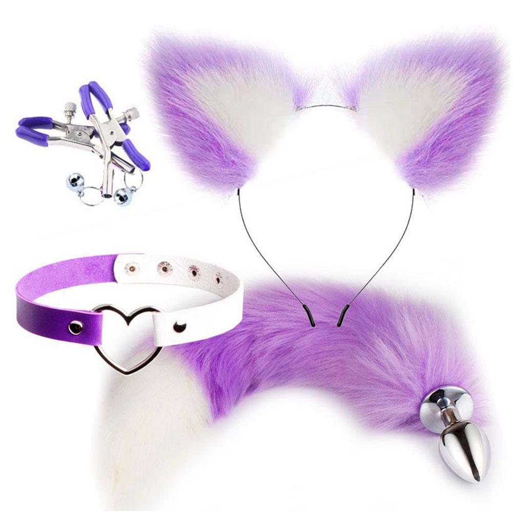 Cute Fox Tail Anal Plug Set Cat Ears Headband Nipple Clip Neck Collar Erotic Cosplay Toys For Women Intimate Play