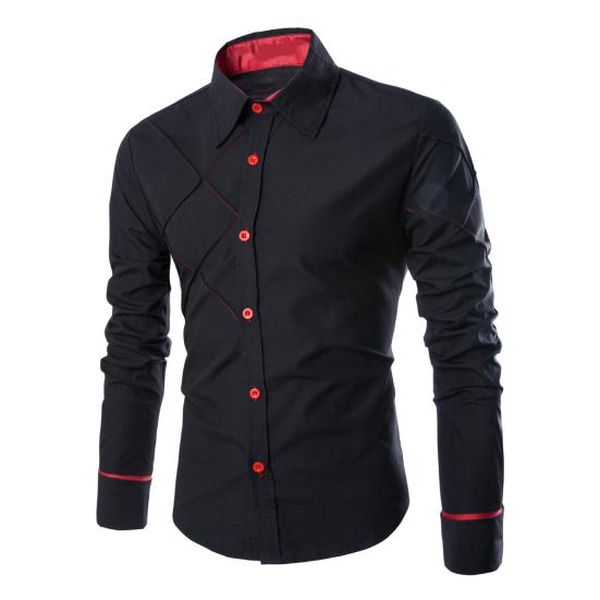 

Однобортная однобортная мужская рубашка с отворотом и длинным рукавом, сшитая решетчатая текстура, приталенная однотонная деловая классическая рубашка, топ L чёрный