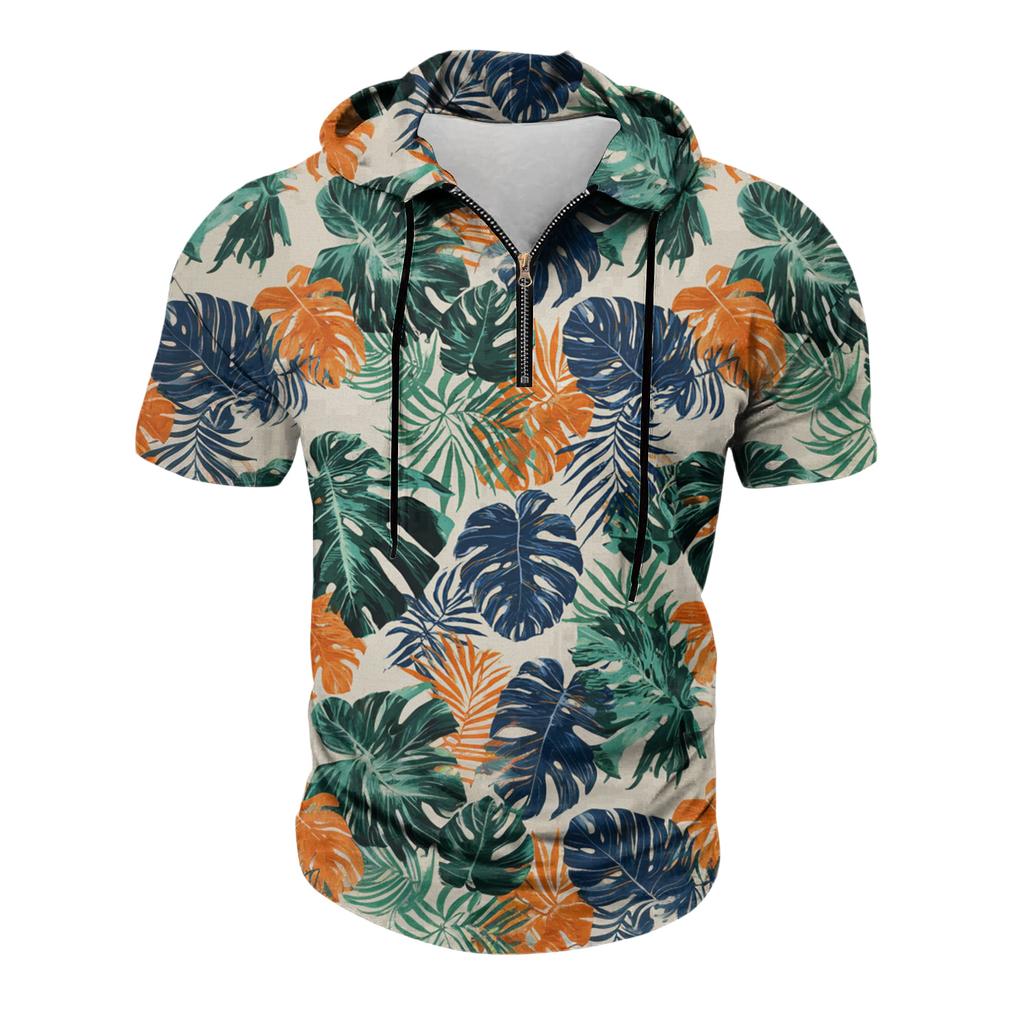 Men's Casual Hooded Zipper Neck Sweatshirt Short Sleeve Top