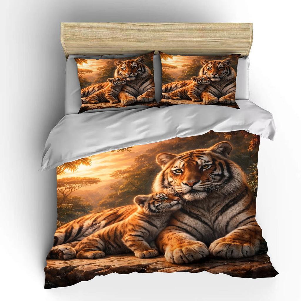 Tigers with cub in warm forest Bedding Set for Kids Luxury Gift 3pcs Digital Print Comforter Set Soft Comfortable Breathable