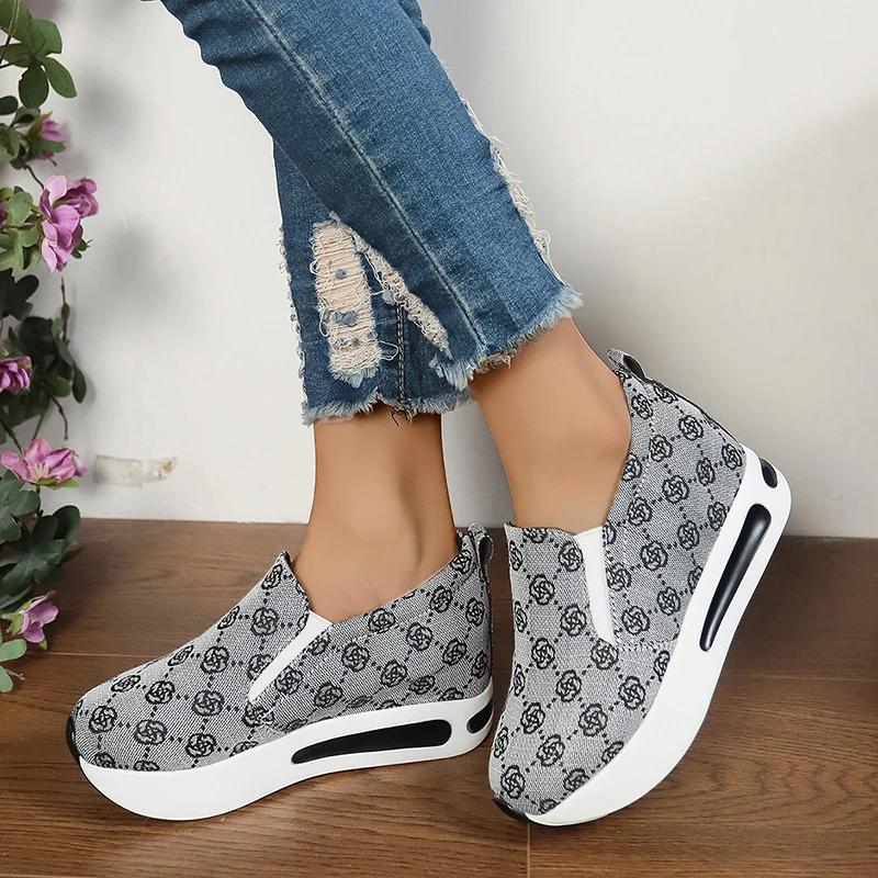 

Fashion Fashion Flower Print Women Thick Sole Sneakers Spring Outdoor Platform Women s Vulcanize Shoes Light Slip-On Woman Single Shoes 35 серый