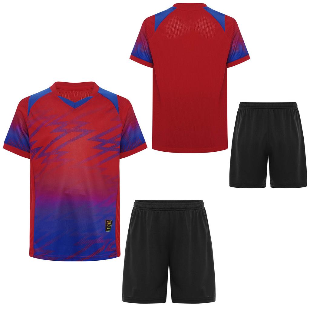 Children‘s Football Training Outfit V-Neck Short Sleeve Patterned T-Shirt and Elastic Waistband Drawstring Shorts for Athletic Practice