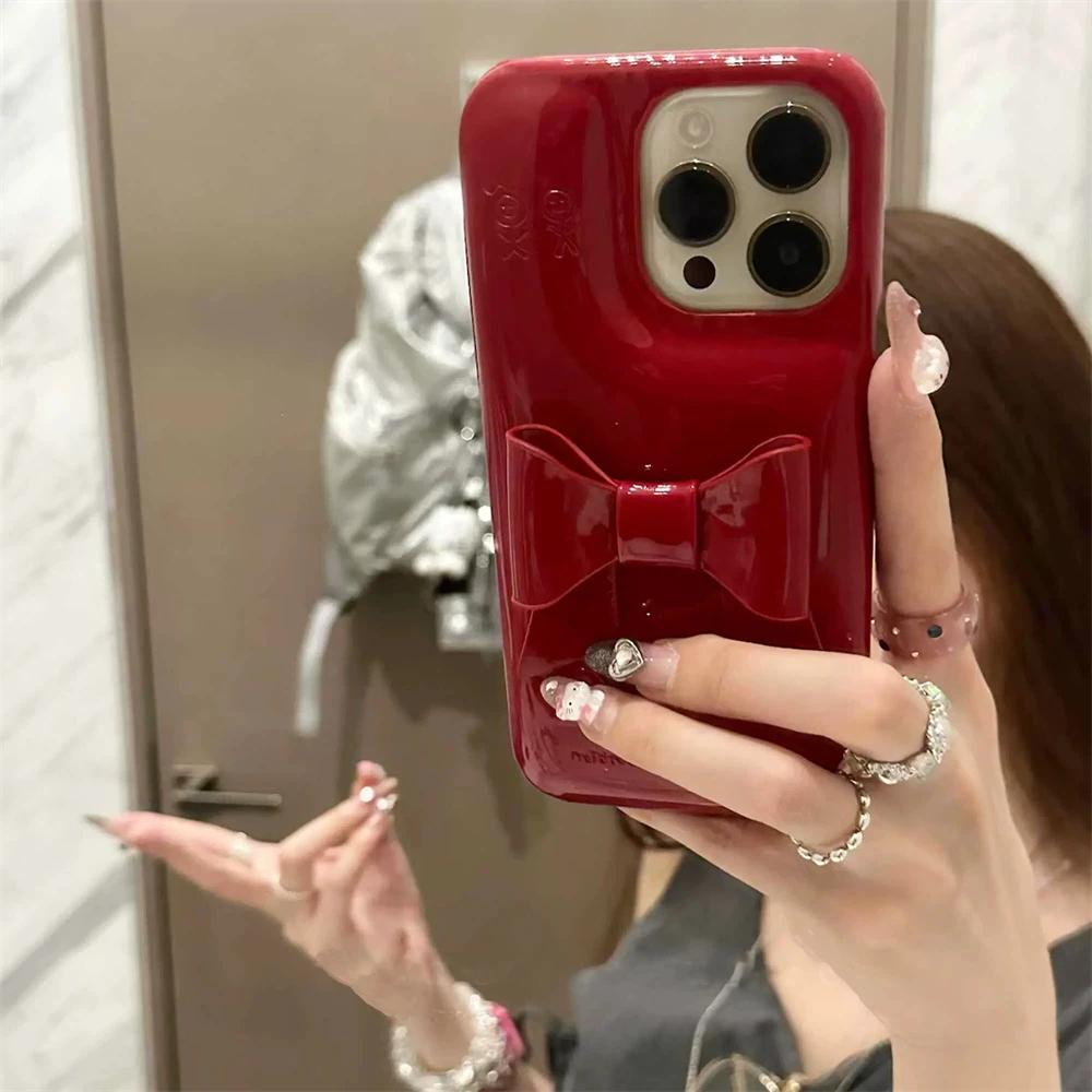 INS Korean Vintage Red 3D Bowknot Leather Phone Case For iPhone 17 16 15 14 13 12 Pro Max Creative Glossy Soap Soft Cover