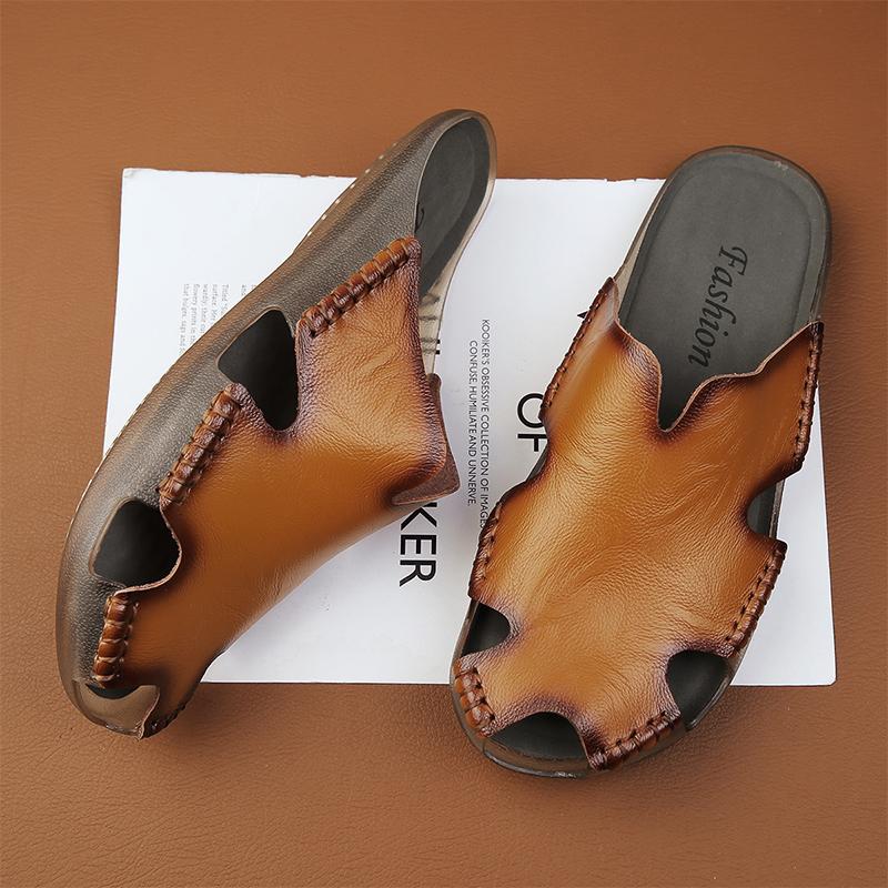 Men's Slippers Summer Handmade Baotou Half Slippers Men's Genuine Leather Roman Sandals Without Heel Slip-On Lazy Flat Mules