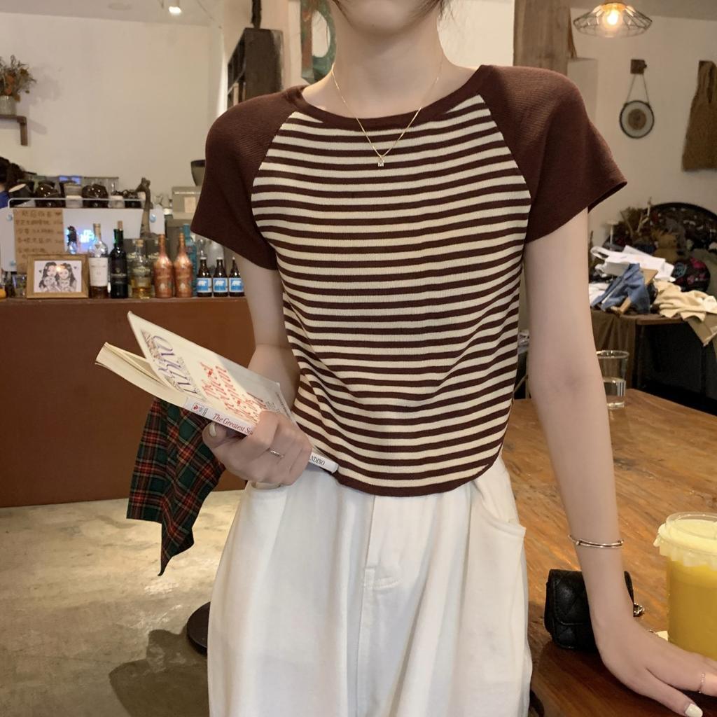 Summer Temperament Shoulder-length Contrasting Stripes Versatile Ice-cool Knitted Sweater Short-sleeved T-shirt Women's Top