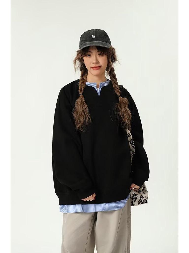 Unisex Schwarzer Faux Two-Piece Langarm-Hoodie - Frühling/Herbst 2025 Lockerer Casual Pullover
