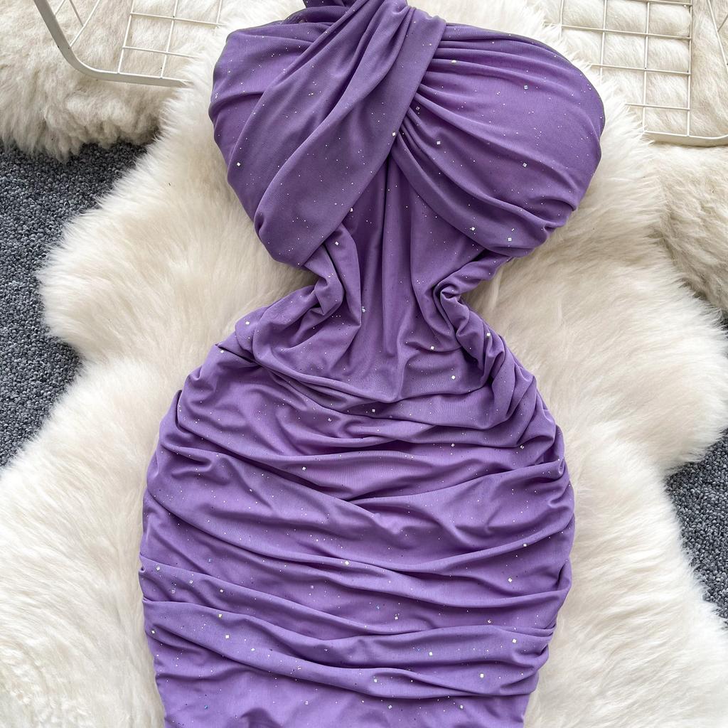 Summer Women One Shoulder Strapless Sexy Bling Bling Slim Sheath Bodycon Mini Short Club Party Dresses