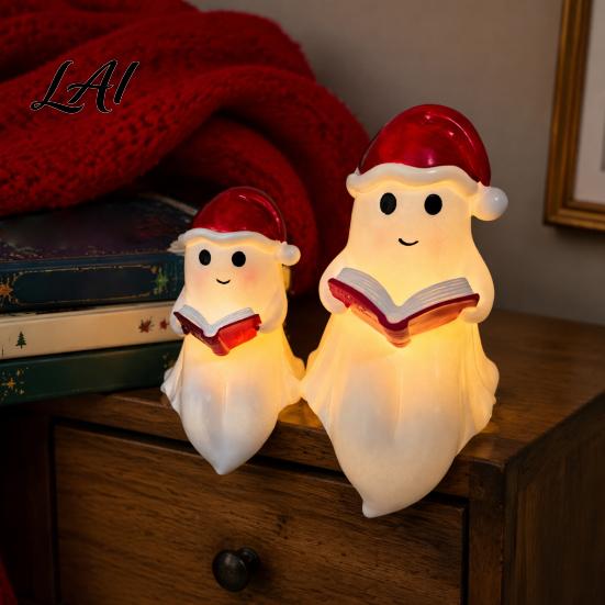 Cute Ghost Statue for Home Reading Book Lamp Christmas Resin Figurine with Santa Hat Indoor Tabletop Decor Warm Lighted Halloween Night Light