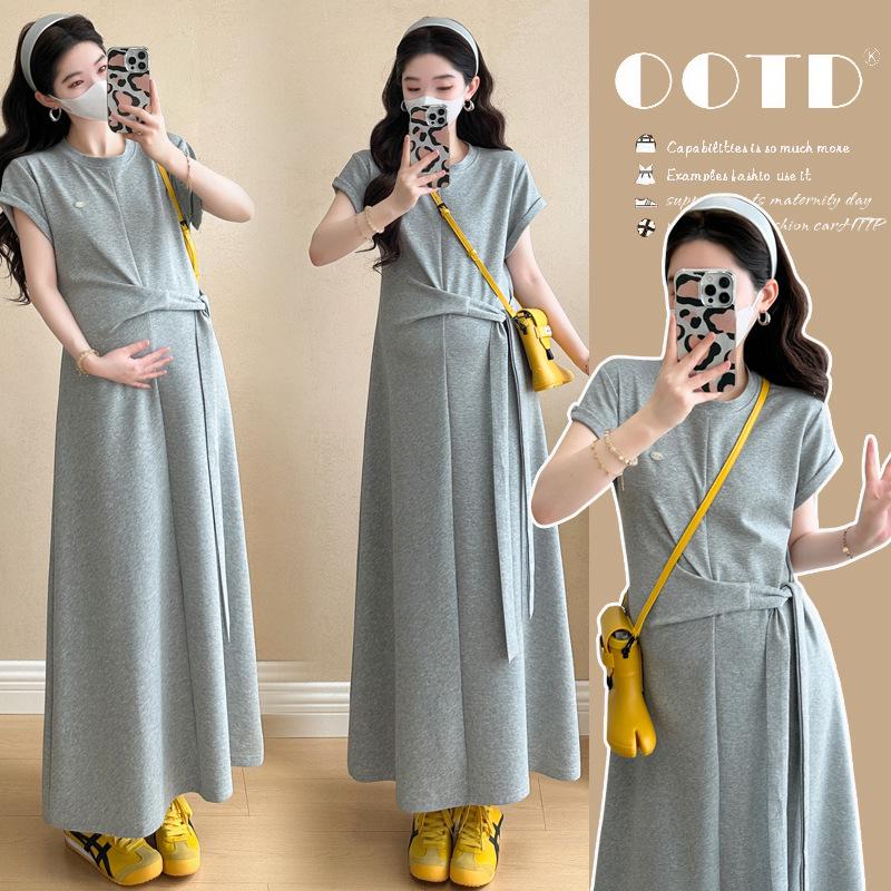 2026 Summer Fashion Maternity Belted T-shirt Dress - Loose, Casual Long Design 2XL