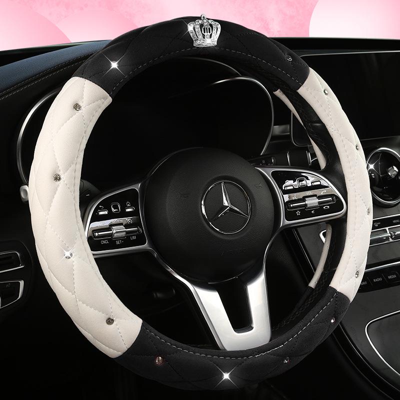 All-Season Suede Steering Wheel Cover with Rhinestones and Crown for Cars, Trucks & SUVs