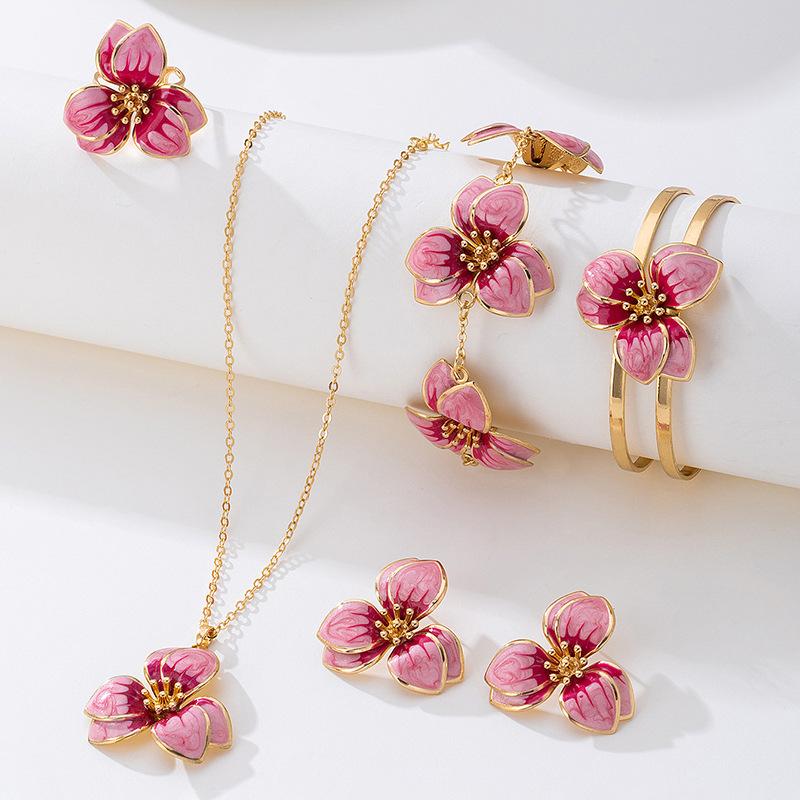 Simple Oil-Infused Flower Earrings And Necklace Set - Casual Jewelry Set For Women