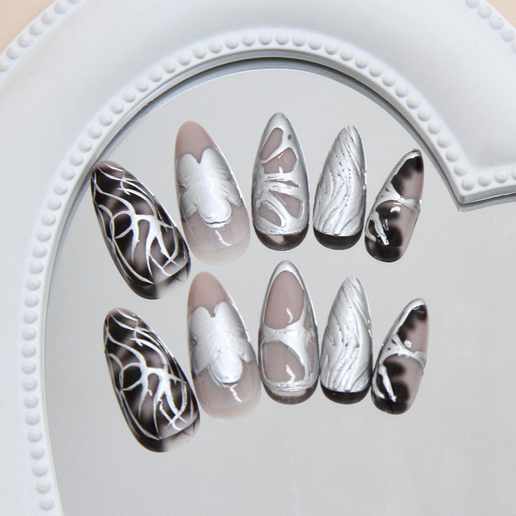 Sweet Cool Silver Metal Personality Wear Armor 24 Pieces Press On Nails