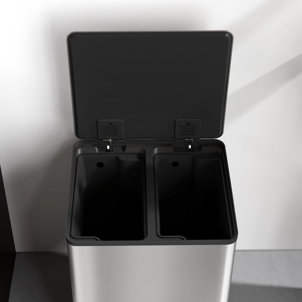 40L Dual Compartment Stainless Steel Bin, with Deodoriser Holders - Silver Tone