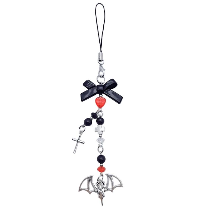 Halloween Gothic Punk Fledermaus Handyanhänger für Frauen Männer Kreuzanhänger Handykette Y2K Schleife Herz Lanyard Schlüsselanhänger