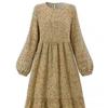 Women Maxi Dress O Neck Long Sleeve Loose A-line Big Hem Dot Print Vintage Soft Patchwork Dubai Turkey Abaya Long Robe Dress