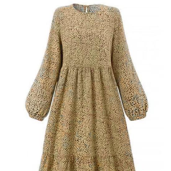 Women Maxi Dress O Neck Long Sleeve Loose A-line Big Hem Dot Print Vintage Soft Patchwork Dubai Turkey Abaya Long Robe Dress
