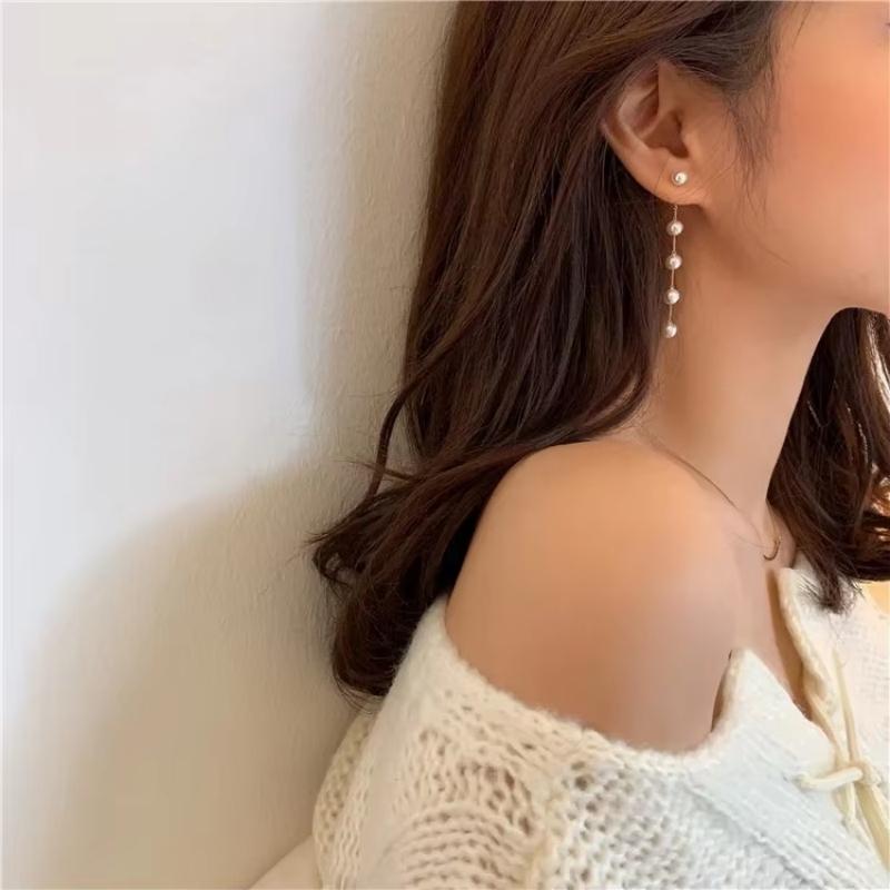 2025 New Trend Simulation Pearl Long Earrings Women's Flower Rhinestone Wedding Pendant Earrings Fashion Korean Jewelry Earrings