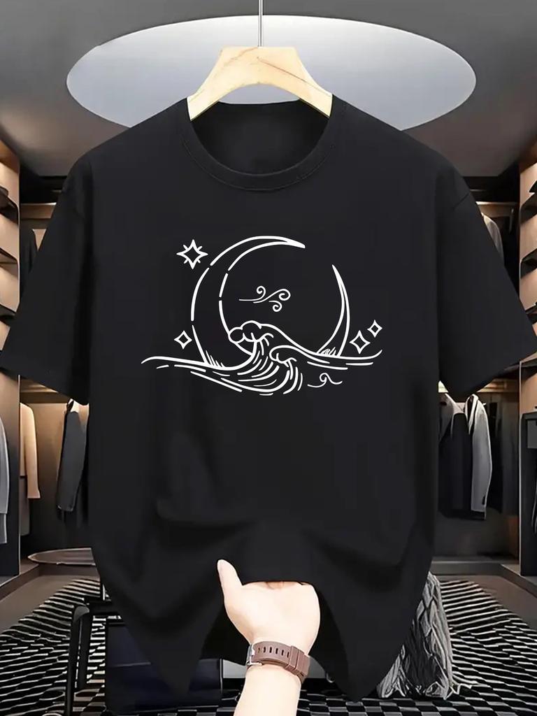 Crescent Moon Ocean Wave Unisexs Crew Neck T Shirt Star Cloud Oriental Line Graphic Short Sleeve Tee Casual Male Street Tops