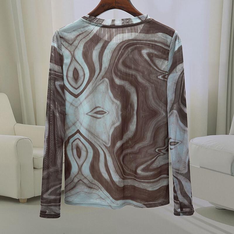 Women's Printed Mesh Long Sleeve Round Neck Top