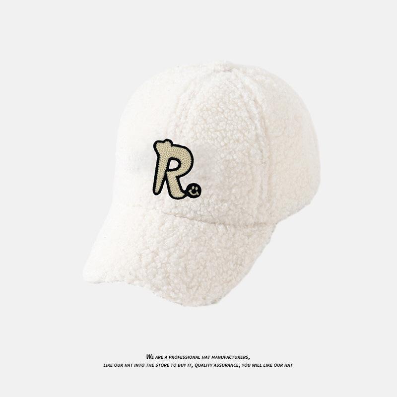 Hat Women's Autumn and Winter R Letter Couple Versatile Cold Proof Baseball Cap Lamb Velvet Thick Warm Wide Brim Peaked Cap for Men
