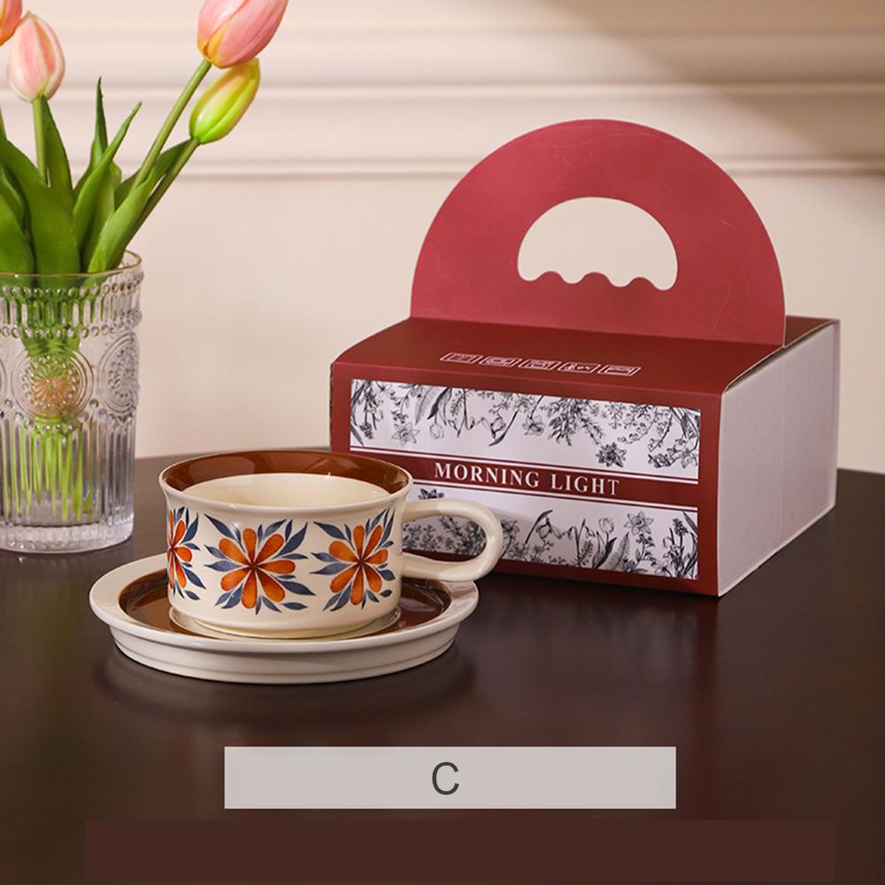Vintage Pattern Ceramic Cup Saucer Set Floral Print Coffee Mug Colorful Drinkware Retro Style Unique Design for Home Tableware