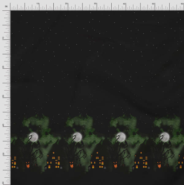 Soimoi Japan Crepe Satin Fabric Tree|Moon & Haunted House Panel Printed Craft Fabric by the Metre 42 Inch