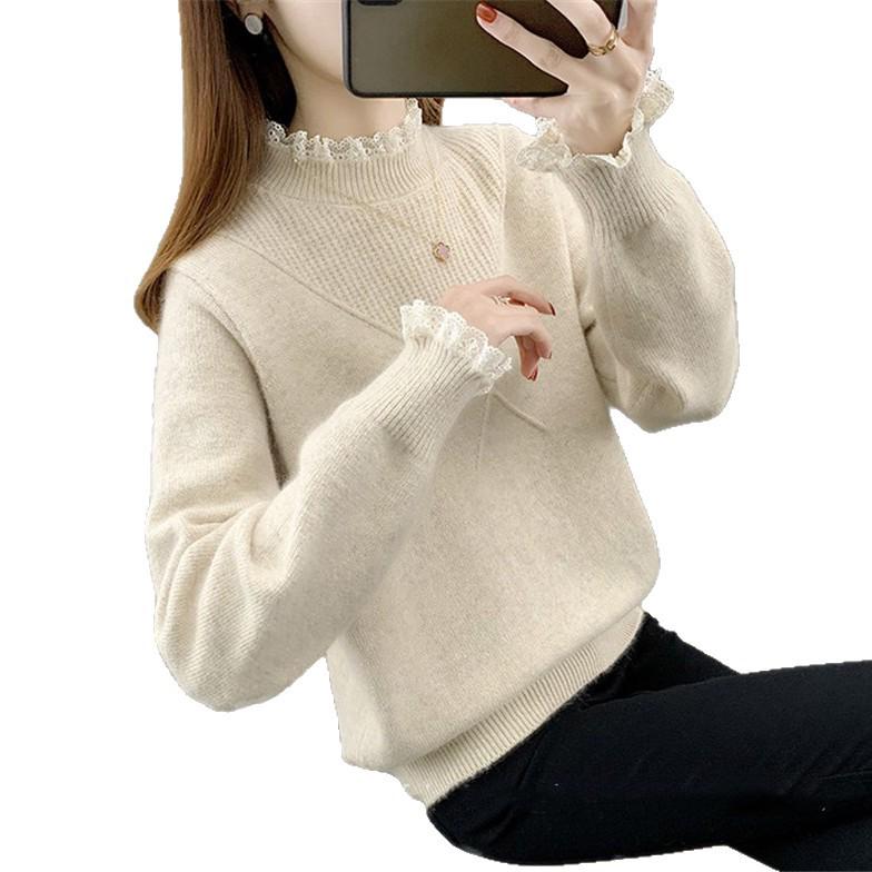 Women's Winter Patchwork Lace Knit Pullover - Half-High Neck, Solid Color Warm Sweater