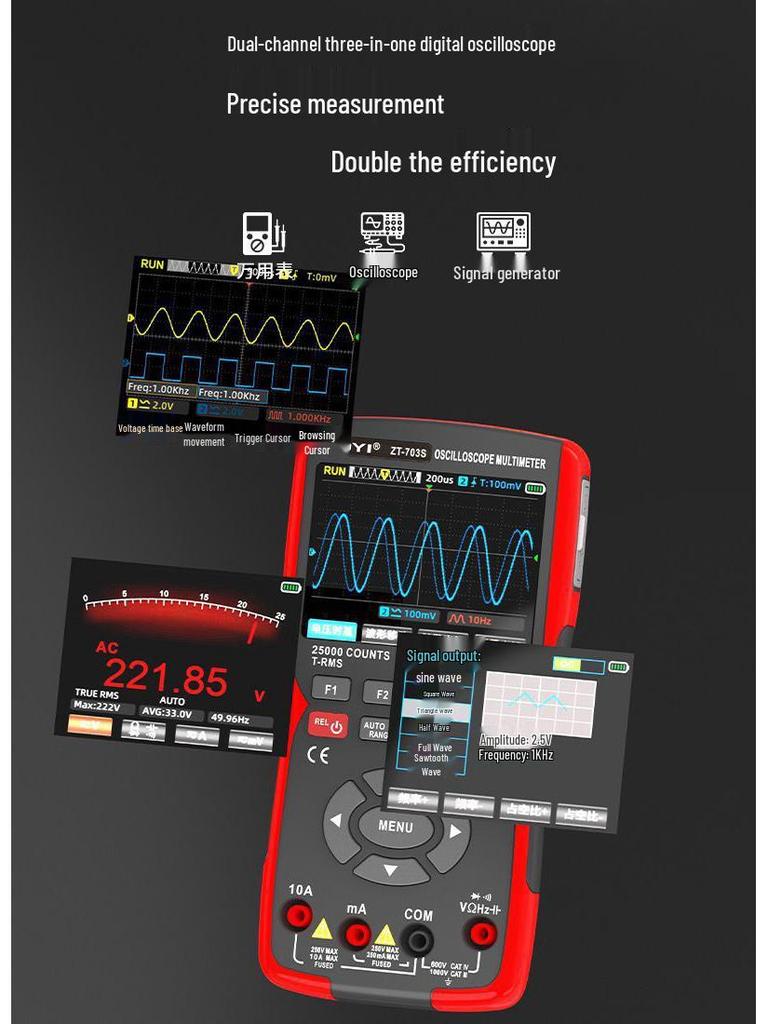 ZOYI ZT-703S 3-in-1 Dual-Channel Oscilloscope & High-Precision Multifunction Multimeter with Signal Generator.