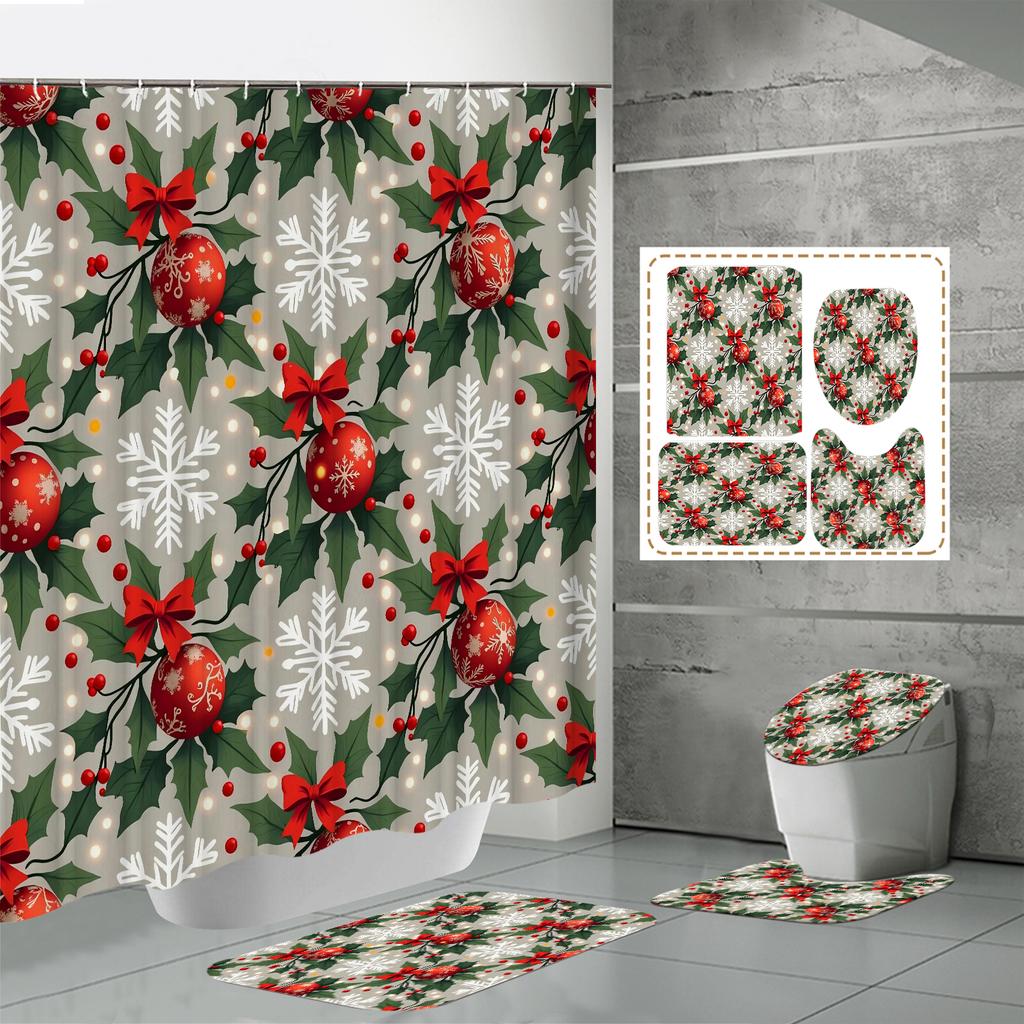 4 buc Seturi Perdea de Duș Cu Perdea de Duș și Covoare Covor Capac Toaletă Covoraș în Formă de U și Covoraș de Baie Set Baie Cu 12 Cârlige