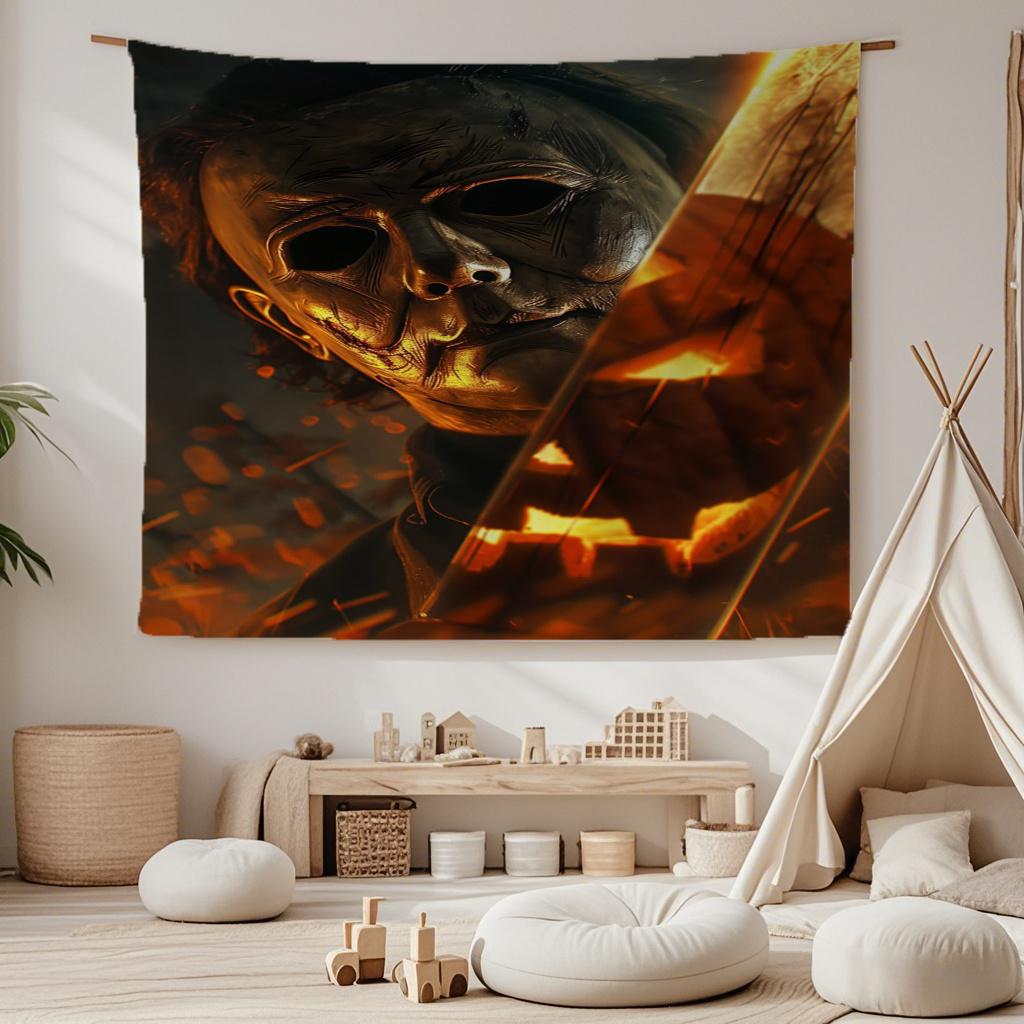 

Michael Myers Halloween Spooky Pumpkin Design Tapestry Wall Hanging for Home Bedroom Living Room Dorm Gift for Family Friends 29x37in