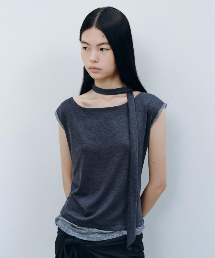 Kasel Layered Neck Strap T-Shirt, Charcoal