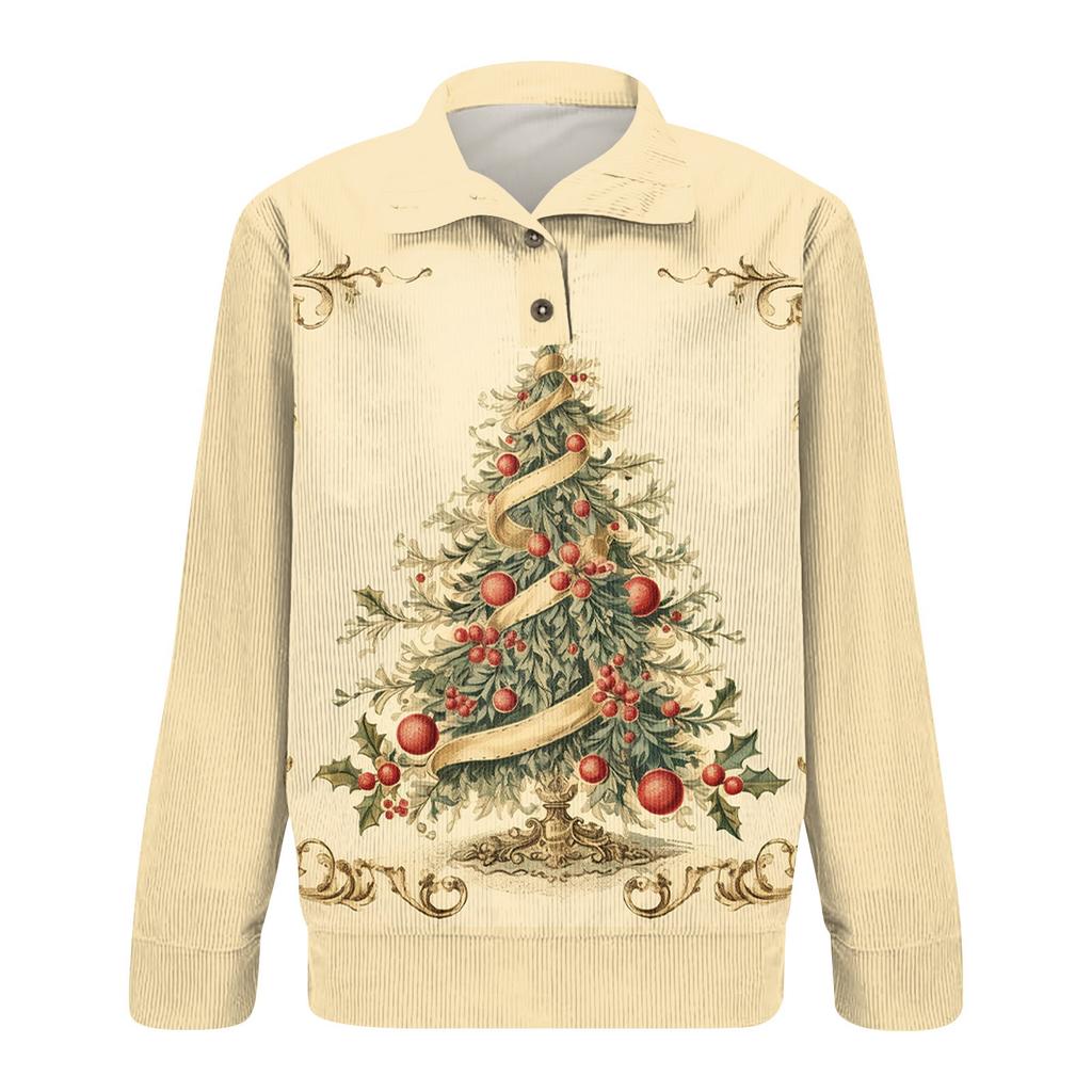 Men's Christmas Cotton Pullover Long Sleeve Outdoor Shirt Vintage Corduroy Button Stand Collar Shirt Casual Sweatshirt Christmas Print Top