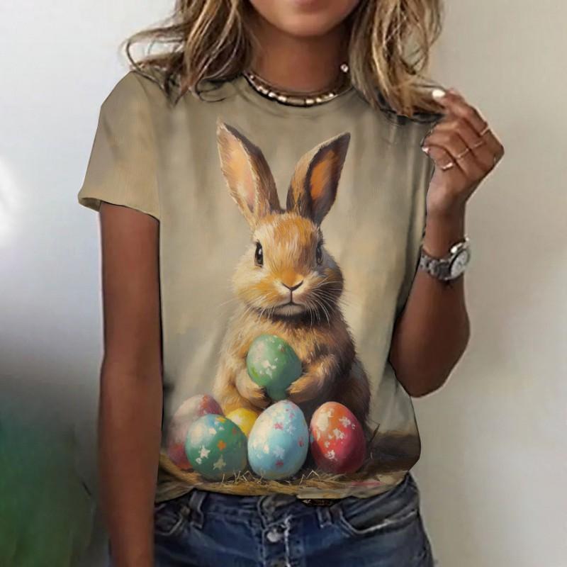 Womens Slim Fit Short Sleeve T-Shirt With 3D Cartoon Animal Print Digital Printing Casual Top