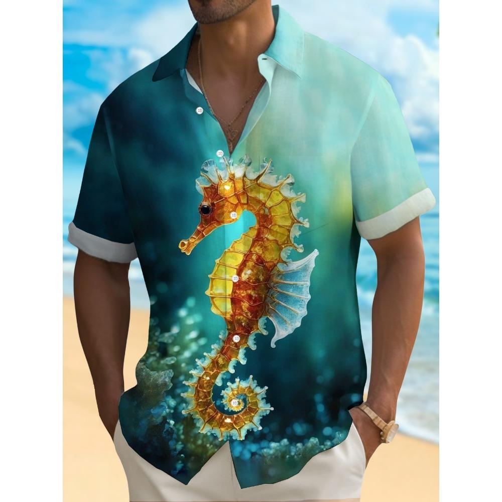 Sommer Herren 3D-Druck Meeresorganismus Grafikhemd Hawaiianische Freizeithemden Knopfleiste Kurzarmhemden Ohne Tasche