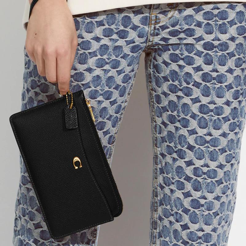 Coach Black Pebbled Leather Medium Zip Around Wristlet Wallet with Gold C Logo for Daily Use