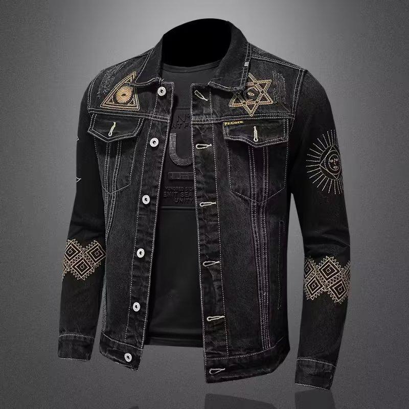 Men's Retro Embroidered Denim Jacket – European & American Style, Autumn/Winter Casual Loose Lapel Workwear.